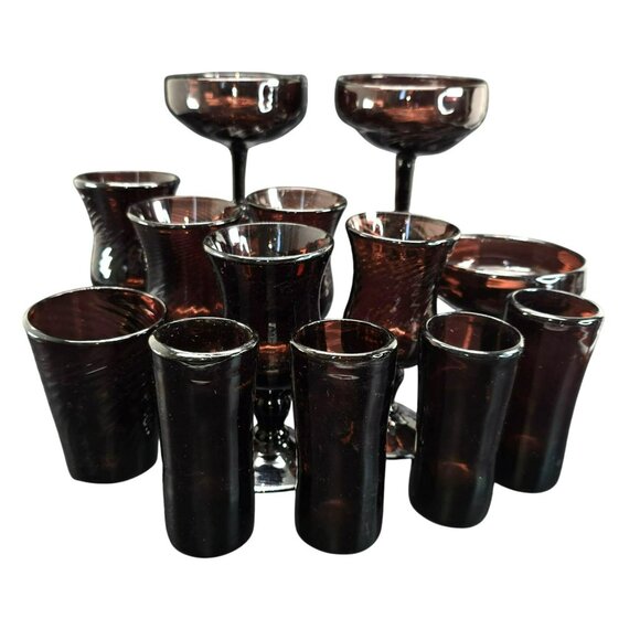 Vintage Handblown Dark Pink Glass Drinkware Set of 14 Pieces DH1357 - Picture 6 of 16